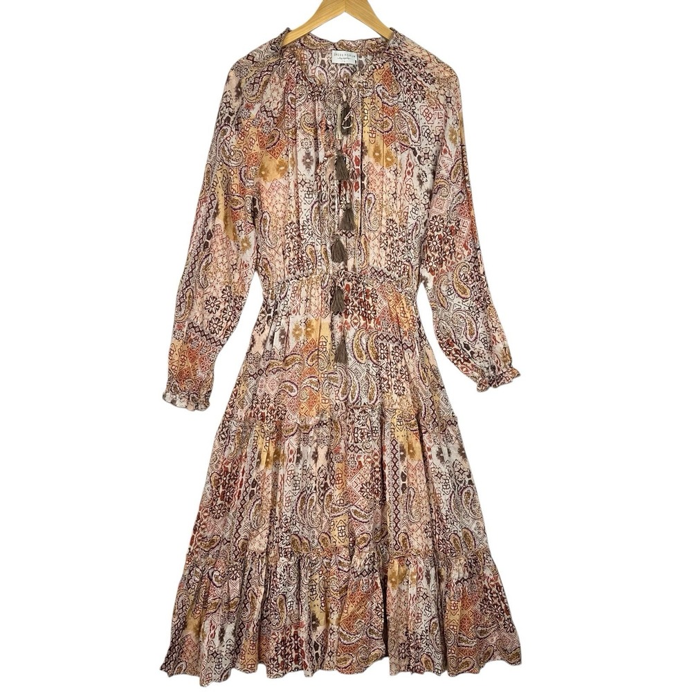 Dress Forum Los Angeles‎ Boho Paisley Midi Dress Tassel Tie Long Sleeve Cotton L